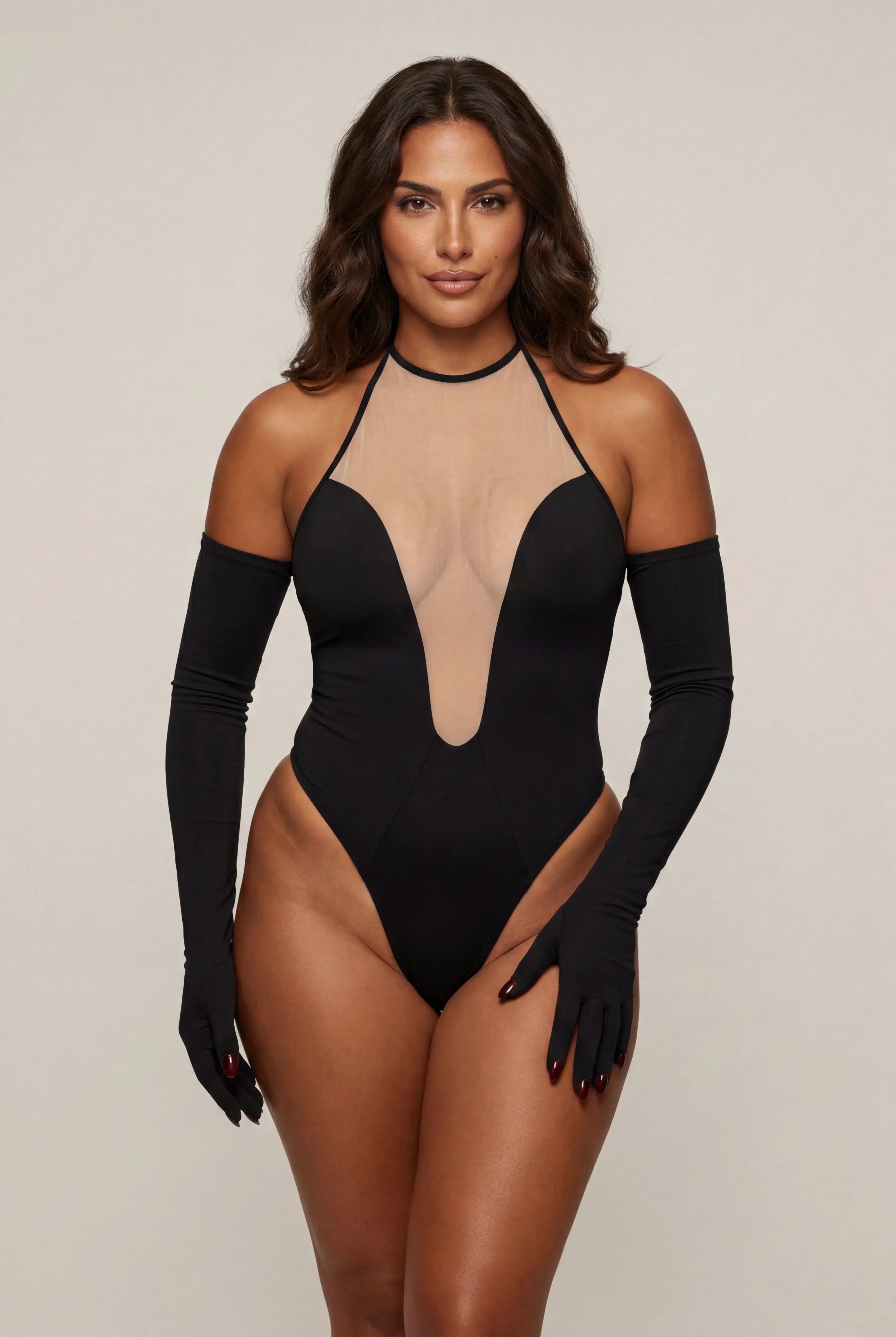 Body für Damen mit Handschuhen – ILLUSION Schwarz
