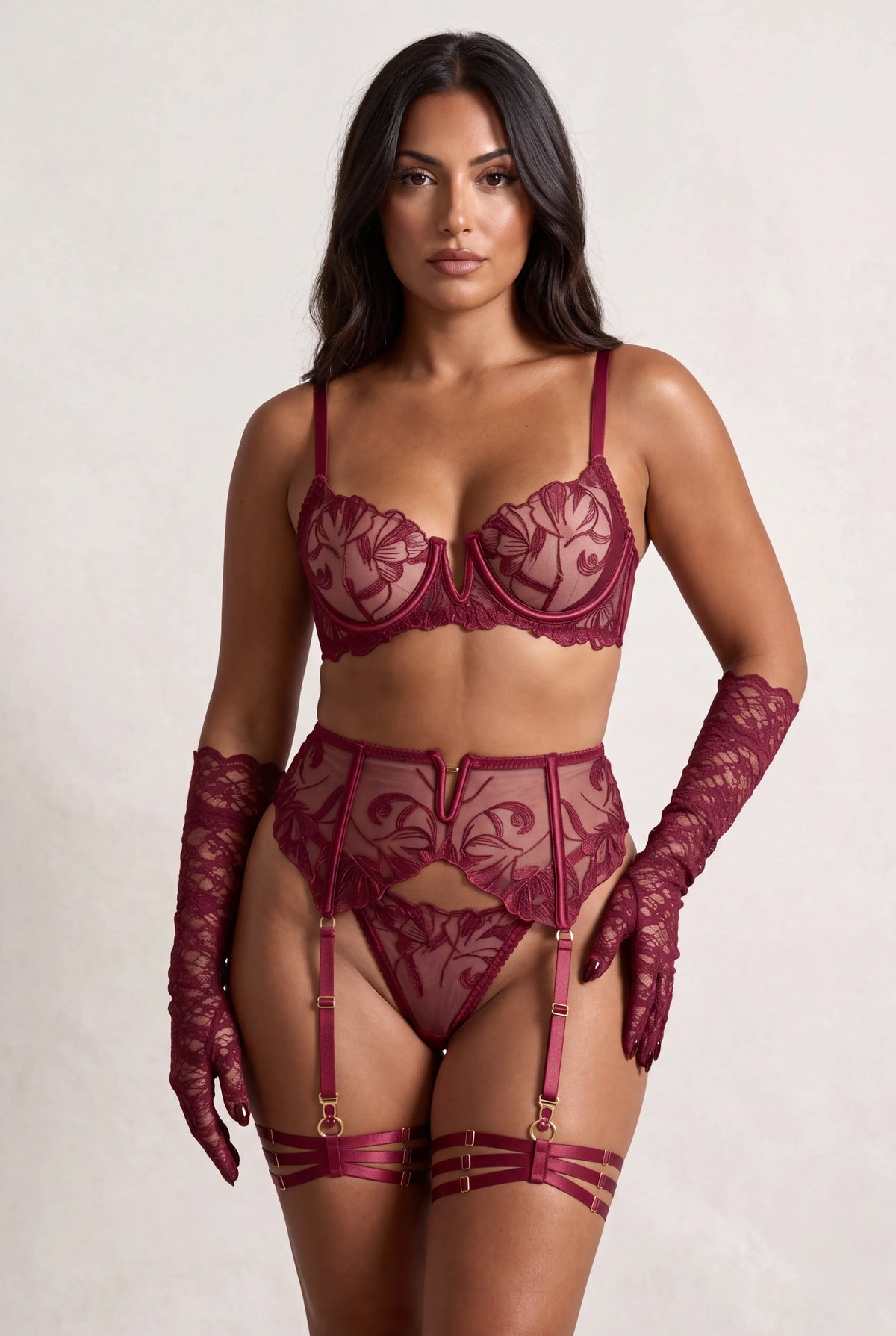 Vierteiliges Dessous-Set mit Oberschenkelbändern und Handschuhen - FLAME Bordeaux