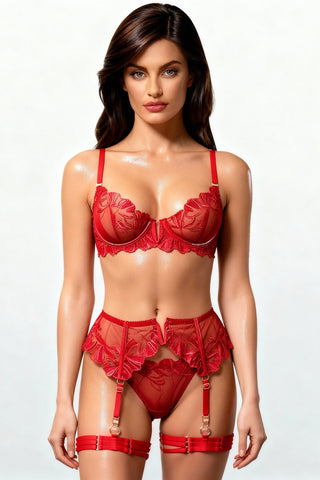 Damen Dessous-Set, vierteilig, mit Oberschenkelbändern und Handschuhen - FLAME Rot 