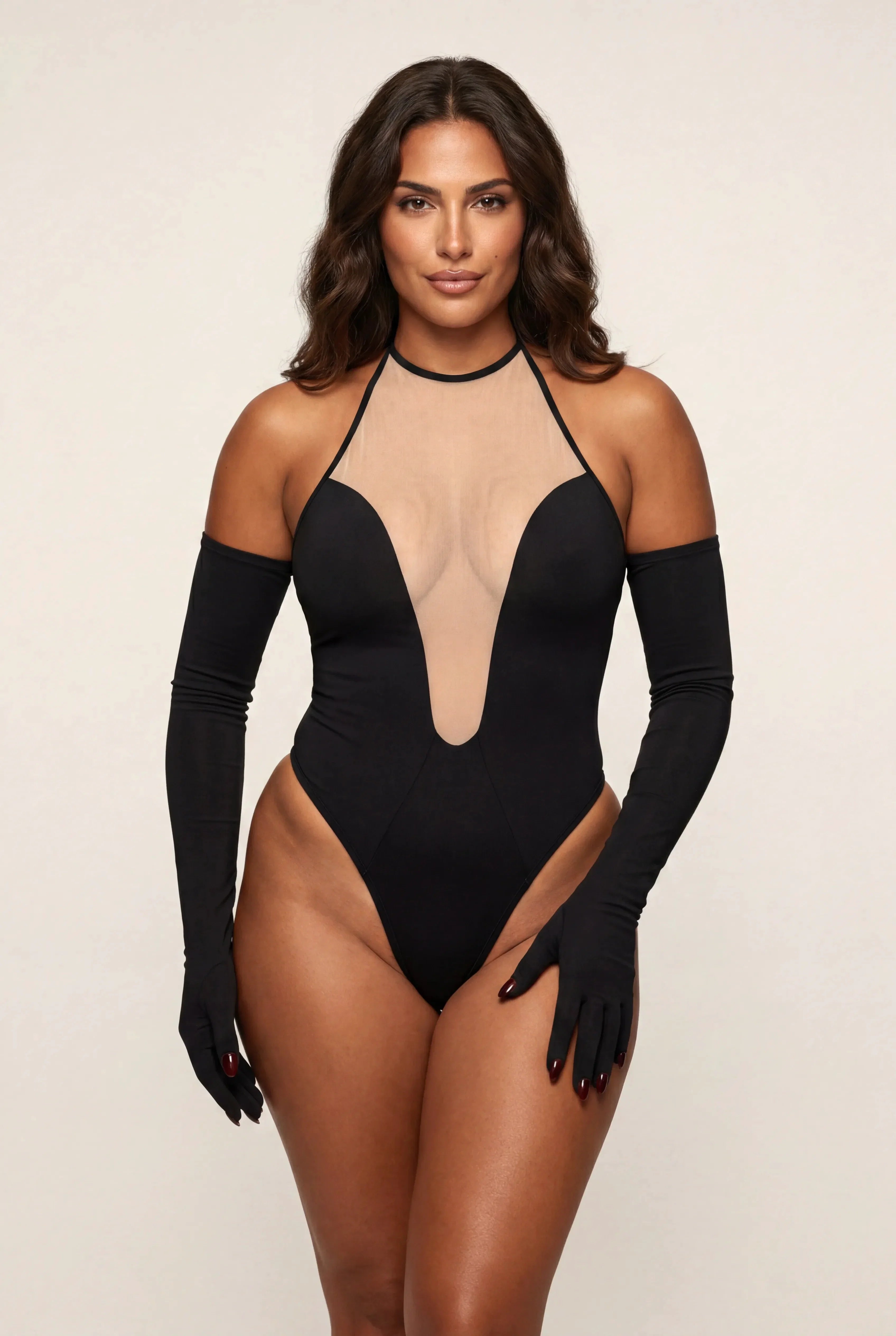 Body pour femme avec gants – ILLUSION Noir - NAKED Underwear - Mannequin debout face