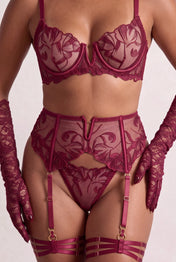 Ensemble lingerie quatre pièces avec tours de cuisse et gants - FLAME Bordeaux