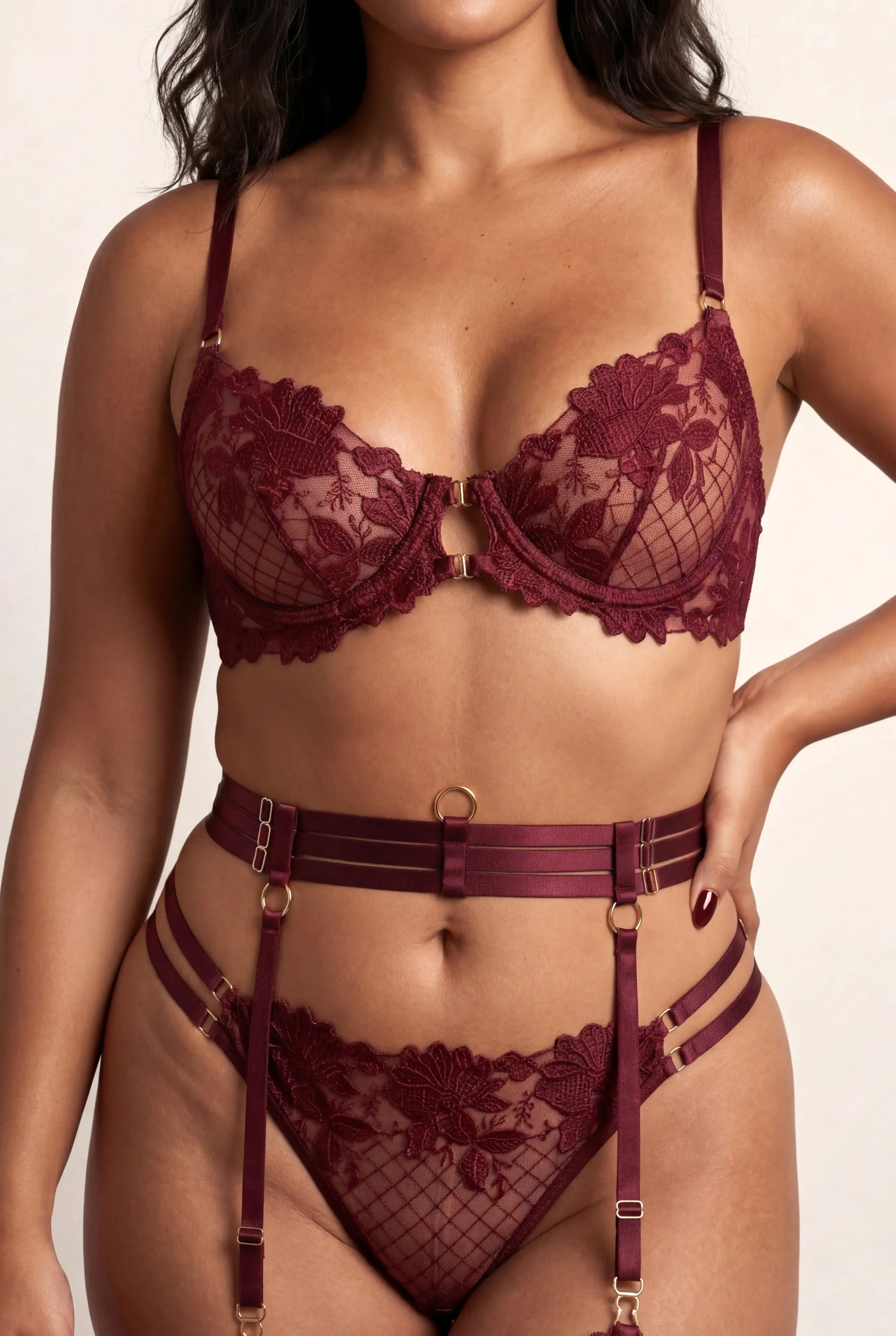 Ensemble Quatre Pi Ces Jolye Bordeaux - NAKED Underwear - Détail produit face